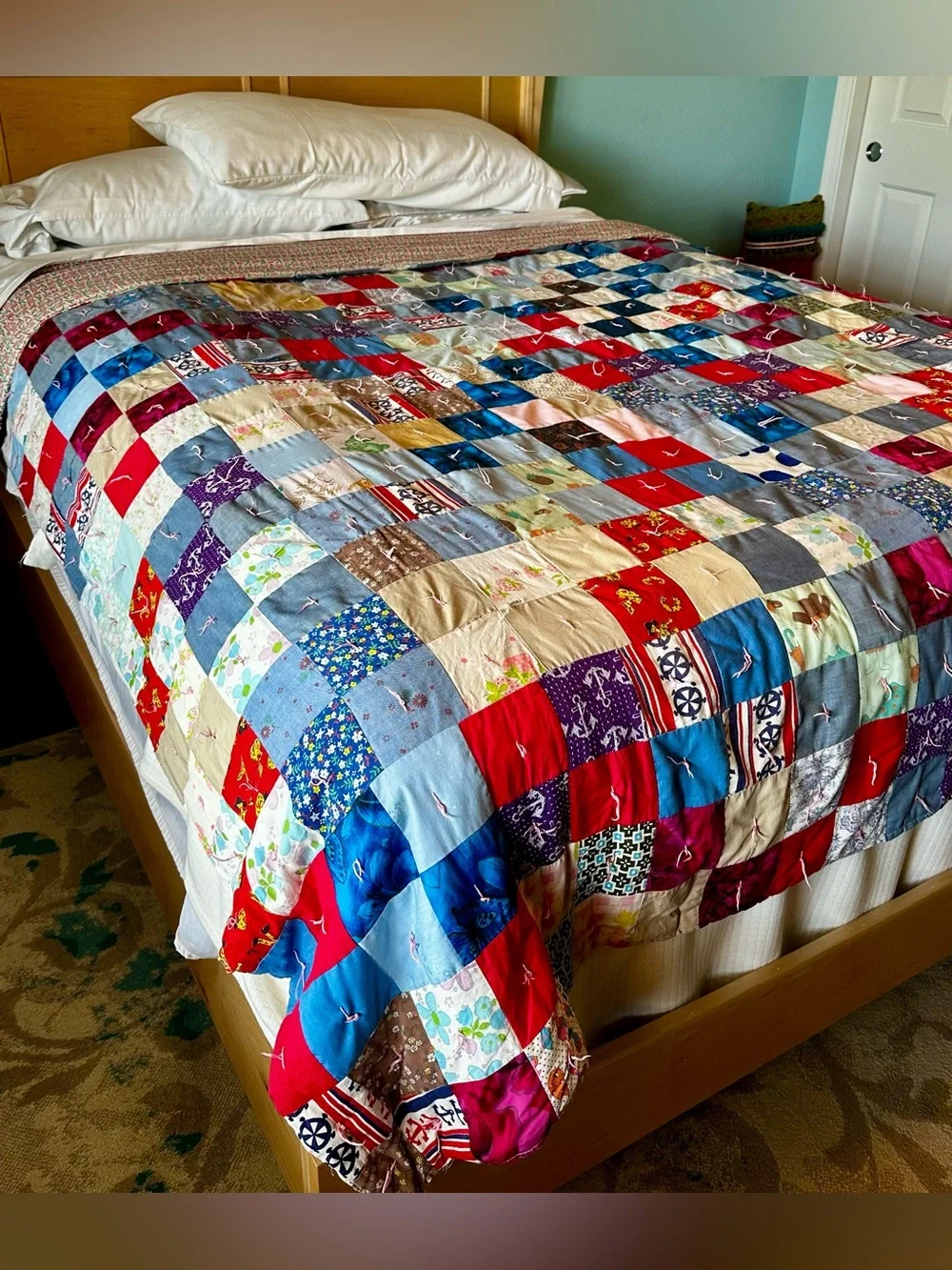 Patchwork Quilt Hand Knotted Approx. 78”x81” Full/Dbl. Photographed on Queen bed